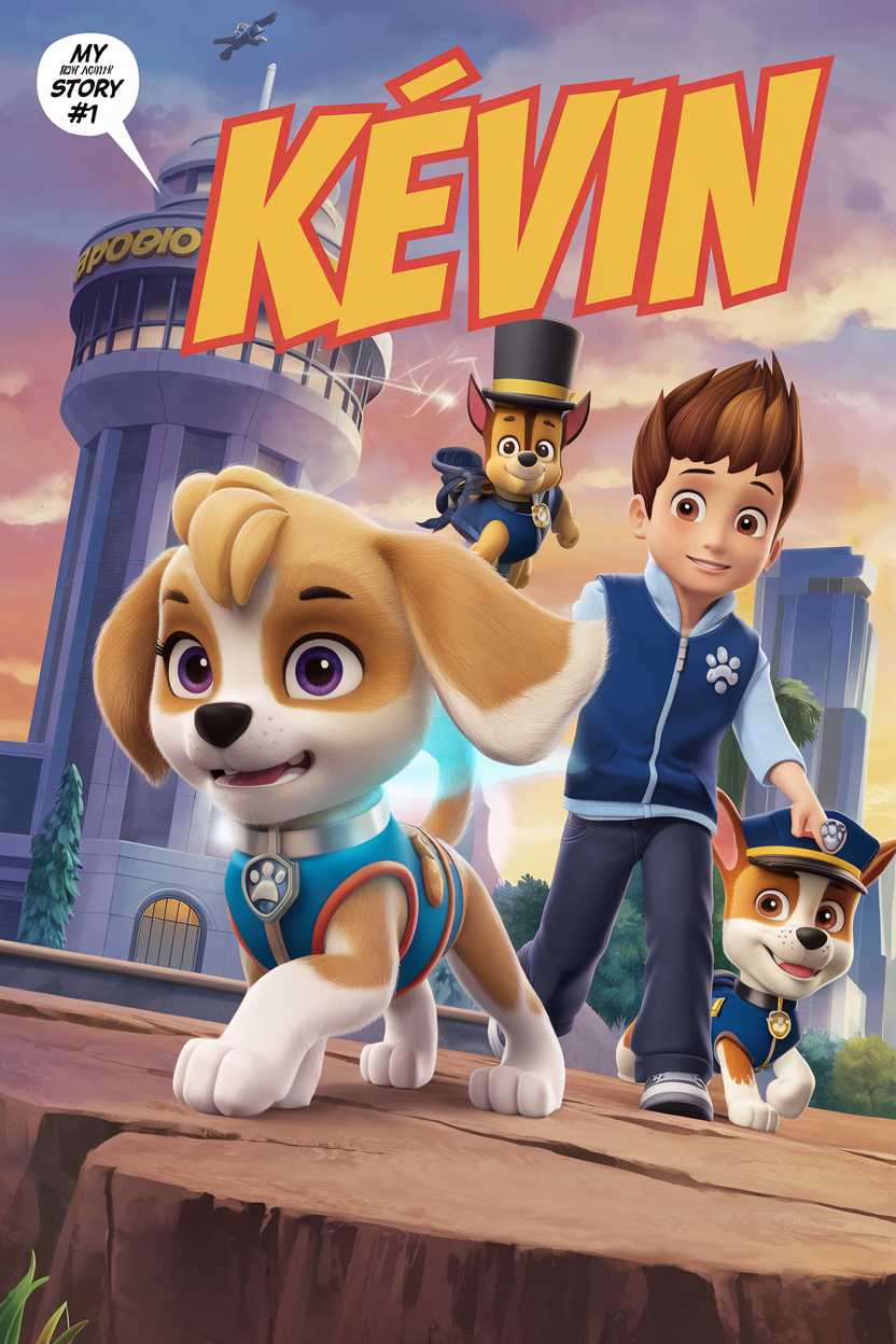 This cover has a good composition with clear character presentation and the iconic Paw Patrol tower. The sunset colors create a warm, inviting atmosphere. The determined pose of the puppy hero shows strength and courage, which would appeal to Kévin. However, it's slightly less dynamic than the first choice and the characters appear more static.