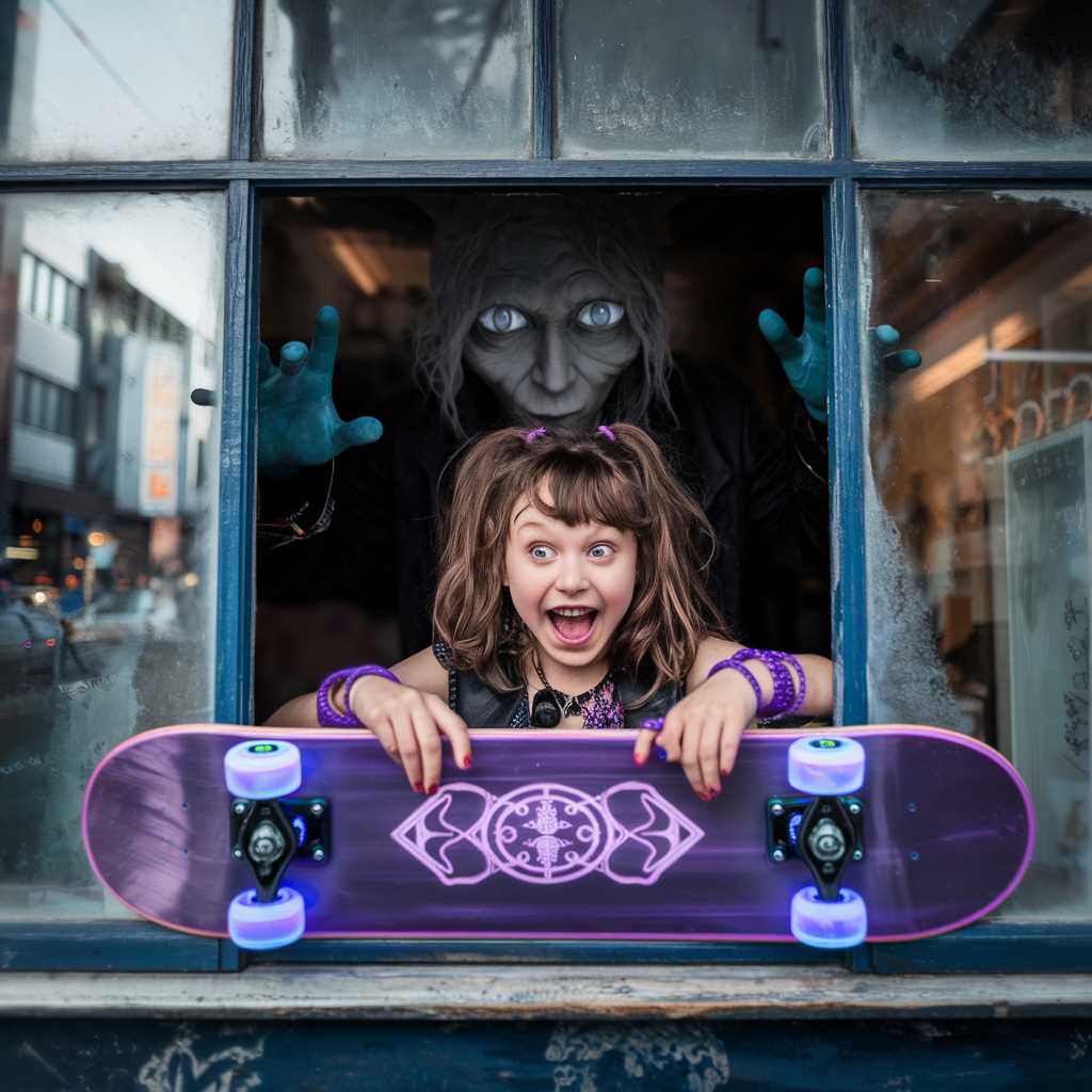 A 12yo girl with curly brown hair, punk style, purple bracelets, excited expression, touching a glowing purple skateboard with holographic symbols, inside a mystical vintage shop with dusty windows. Mysterious old shopkeeper with strange grey eyes emerges from shadows. Harajuku street view through window.