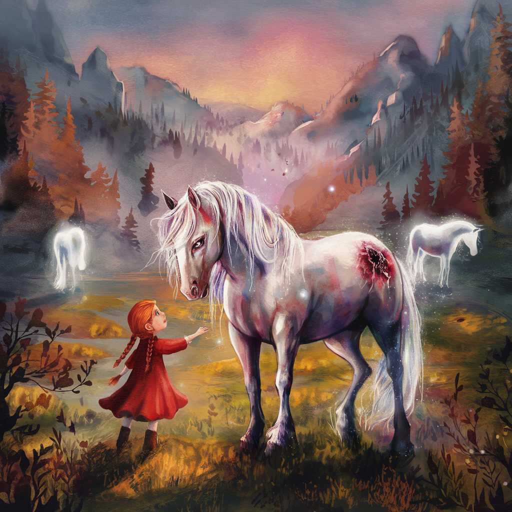 A shy redhead girl in red dress with braided hair discovers a wounded magical white horse with glowing silver mane in misty mountain valley at dusk, ethereal glowing horses grazing in background, mystical autumn atmosphere, soft lighting, whimsical watercolor style