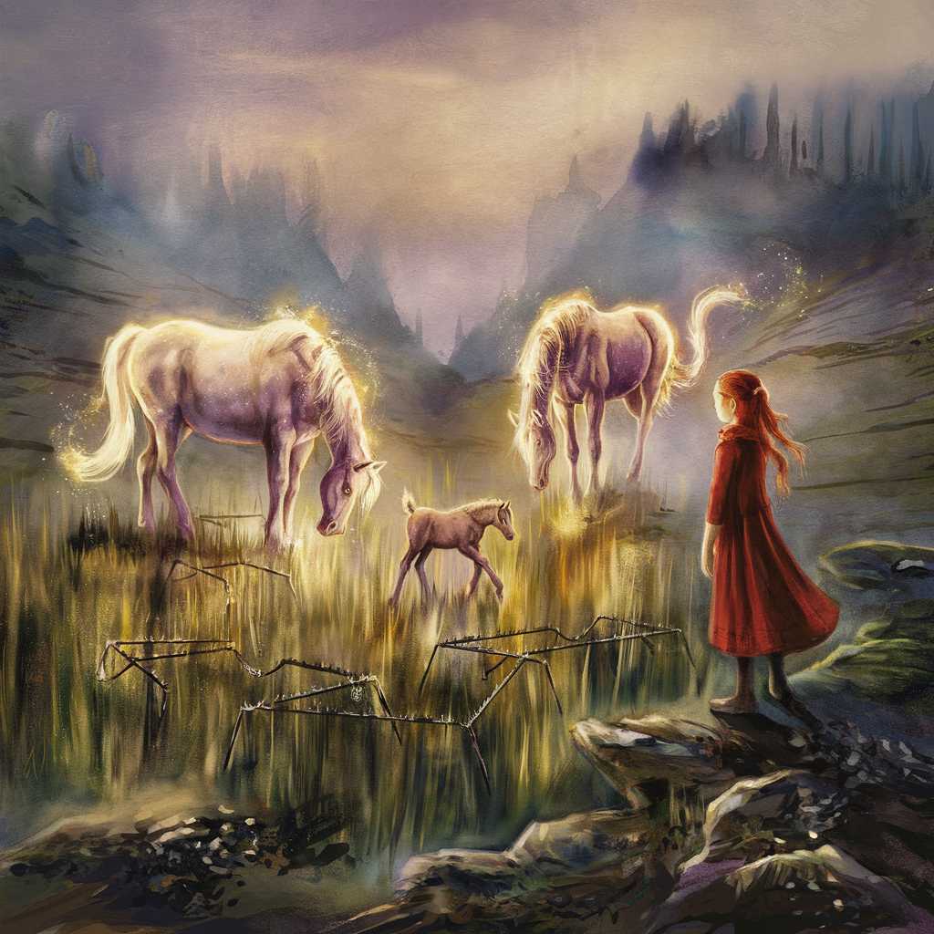 A tall redhead girl in red dress watches anxiously as magical glowing white horses graze in misty mountain valley at dusk. Hidden metal traps in tall grass. Young foal approaching danger. Ethereal atmosphere, soft mystical lighting, dreamy watercolor style, golden luminescence.