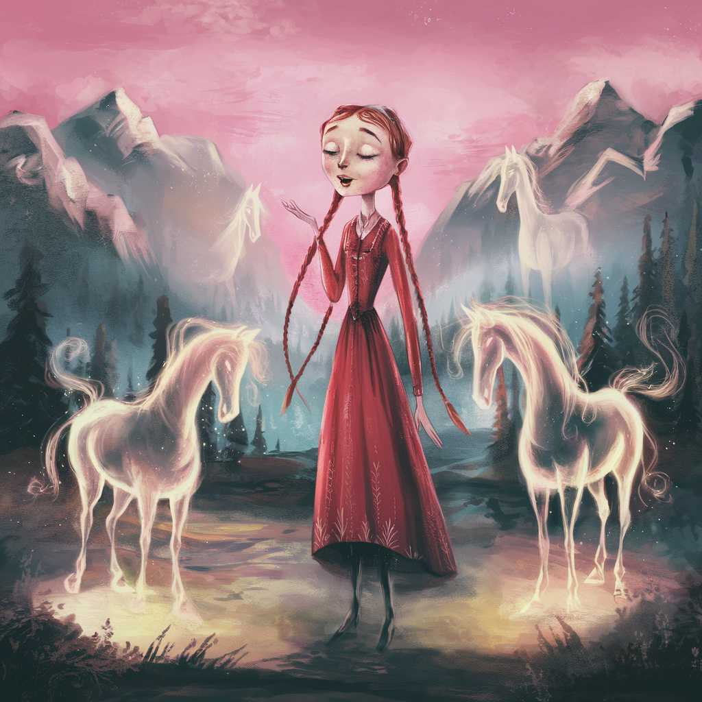 A tall thin girl with red braids in red dress singing softly, gentle expression, surrounded by ethereal glowing horses in misty mountain valley at dusk. Wounded white horse with silver mane touches her cheek, magical aura, soft lighting, whimsical watercolor style