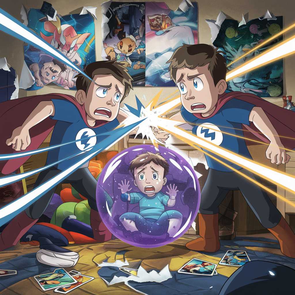 Anime-style illustration: two brothers in superhero battle, blue energy shield vs golden light rays colliding, young boy trapped in purple bubble. Messy bedroom, torn Pokemon posters, scattered cards. Dynamic action poses, worried expressions. Vibrant colors, dramatic lighting.