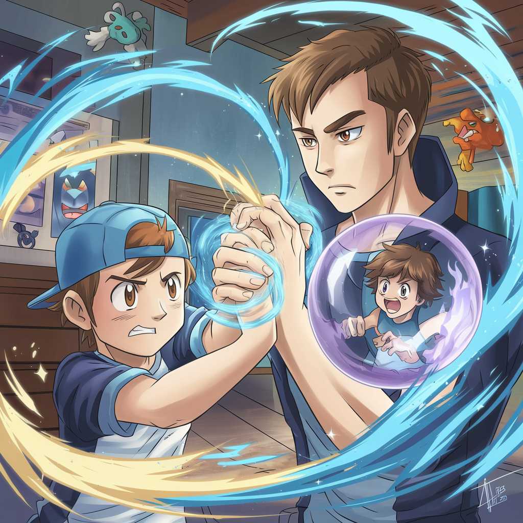 Anime-style illustration: two brothers joining hands, creating swirling blue-golden energy spiral. Determined boy with blue cap, serious taller brother, both brown-haired. Small boy trapped in purple energy bubble watching. Pokemon-decorated bedroom background. Dynamic superhero scene, vibrant colors.