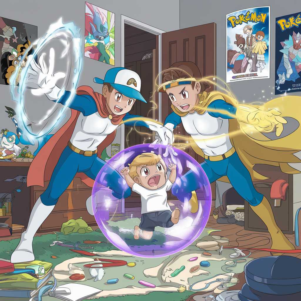 Anime-style illustration: two determined boys (one with blue cap creating energy shield, other generating golden light) trying to rescue their little brother trapped in purple energy bubble, floating above messy bedroom with Pokemon posters. Vibrant colors, dynamic superhero action scene.