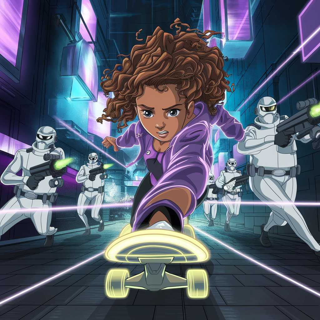 Cyberpunk anime scene: 12yo girl with curly brown hair on glowing skateboard dodging laser beams, stern agents in white high-tech uniforms with ray guns pursuing her through neon-lit futuristic Tokyo cityscape, floating screens, purple accents, dynamic action pose, low angle shot