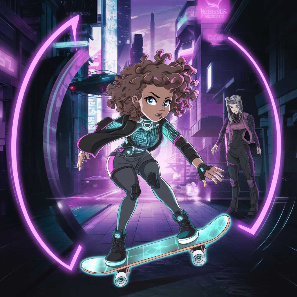 Cyberpunk anime style, 12yo girl with curly brown hair, electro-punk outfit, riding glowing skateboard through purple time portal, futuristic Tokyo backdrop with neon signs, floating cars, towering skyscrapers, older version of herself in resistance gear watching from shadows, vibrant purple lighting