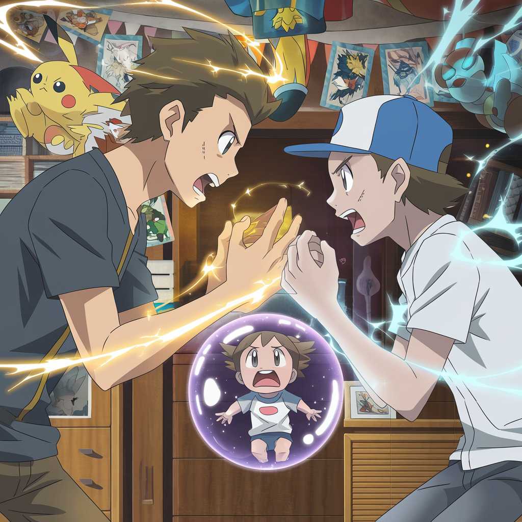 Dramatic scene: two brothers with glowing powers face off in Pokemon-decorated bedroom. Boy with blue cap emits blue shield, older brother with golden light from hands, tiny worried 5-year-old floats in purple bubble. Anime-style, vibrant colors, dynamic superhero action, scattered cards.