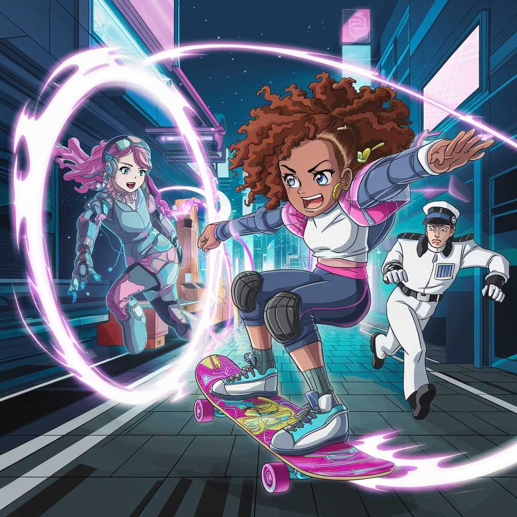 Dynamic cyberpunk scene: 12yo girl with curly brown hair, electro-punk style performing skateboard tricks, creating glowing time portal, purple energy trails. Future self in resistance gear watching. Inspector in white uniform pursuing. Neon-lit Tokyo backdrop, floating screens, anime style.