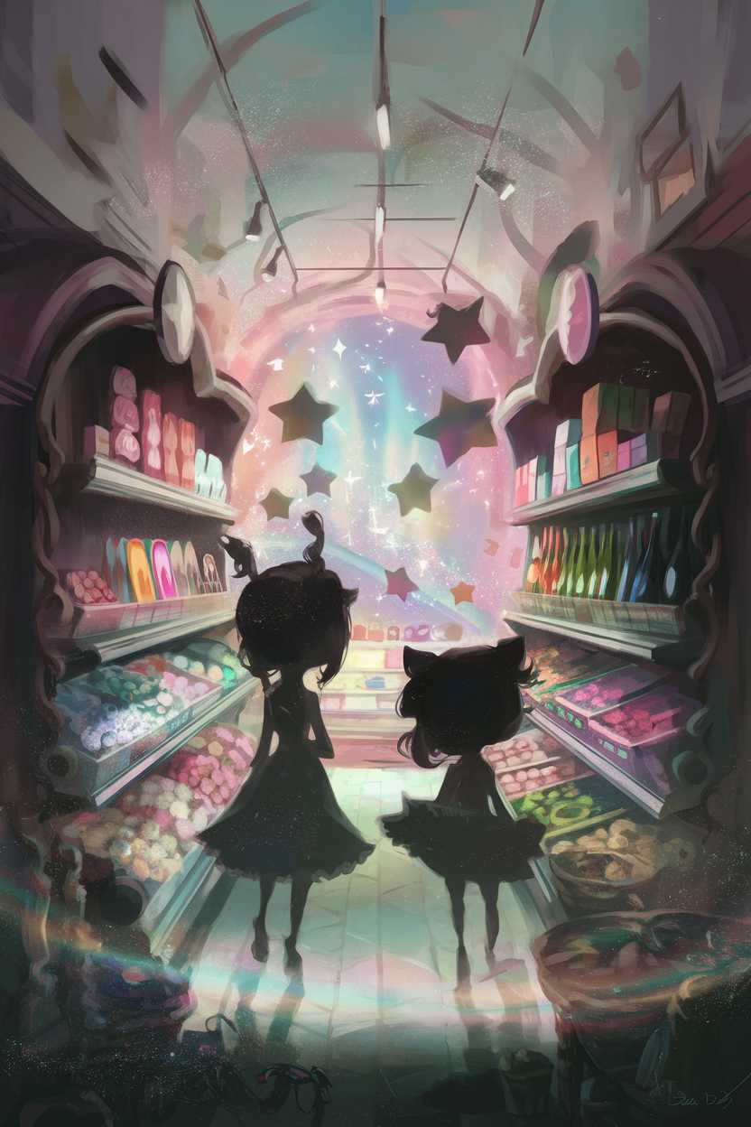 Enchanted grocery store landscape, whimsical digital art, soft rainbow sparkles, Zoé and Étincelle shadowy figures, magical starlight, candy aisles floating, delicate color palette, mystical kawaii aesthetic, ethereal glow