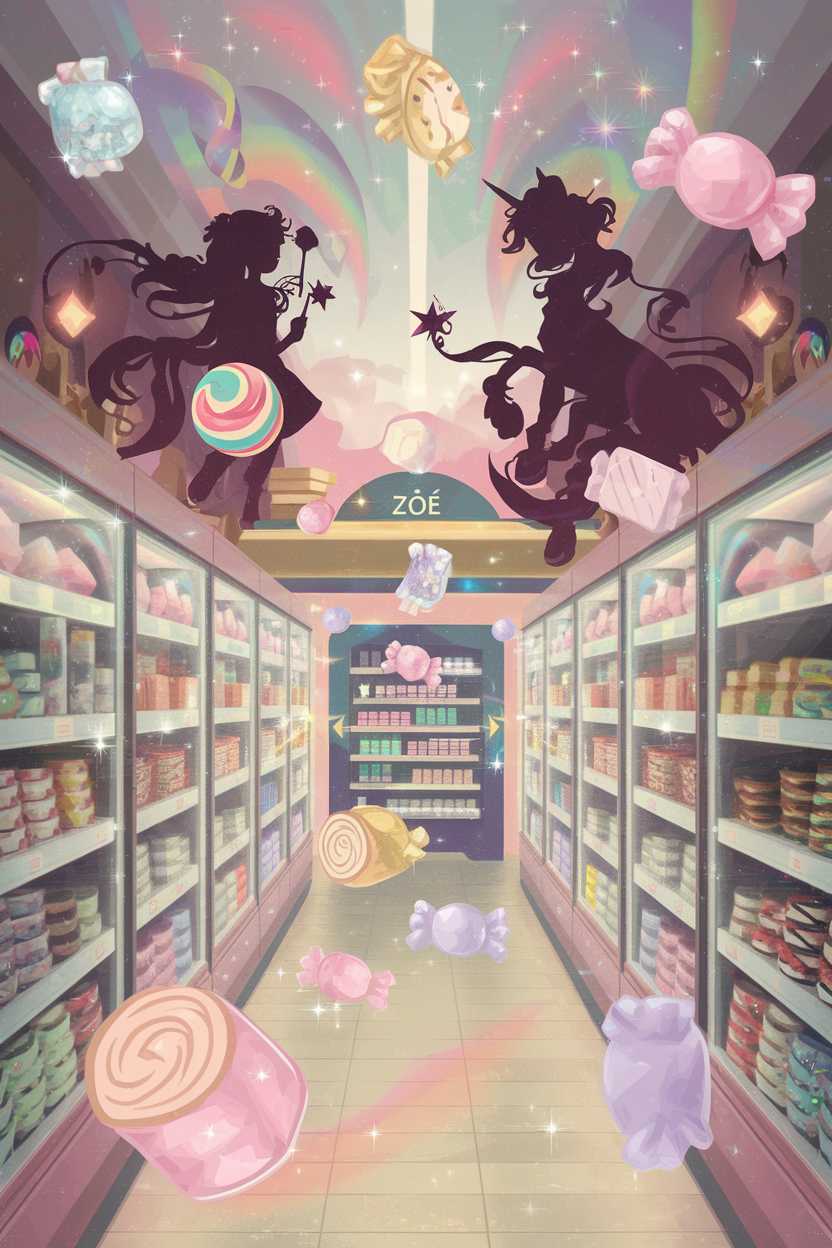 This image is superior for several key reasons: 1) The supermarket aisle perspective is clearer and more structured, making it easier for a 4-year-old to understand the setting. 2) The magical elements (floating candies, sparkles, rainbows) are more evenly distributed and create a more balanced composition. 3) The color palette is more vibrant and organized, with a strong presence of pink (Zoé's favorite color). 4) The silhouettes are more dynamic and playful, showing movement that suggests a magical transformation story. 5) The 'ZOÉ' sign makes it more personal and relatable for the child. 6) The lighting and magical effects create a more enchanted atmosphere while maintaining clarity. 7) The overall composition better supports the fairy tale style requested and addresses the candy-related tantrums theme in a positive, magical way.