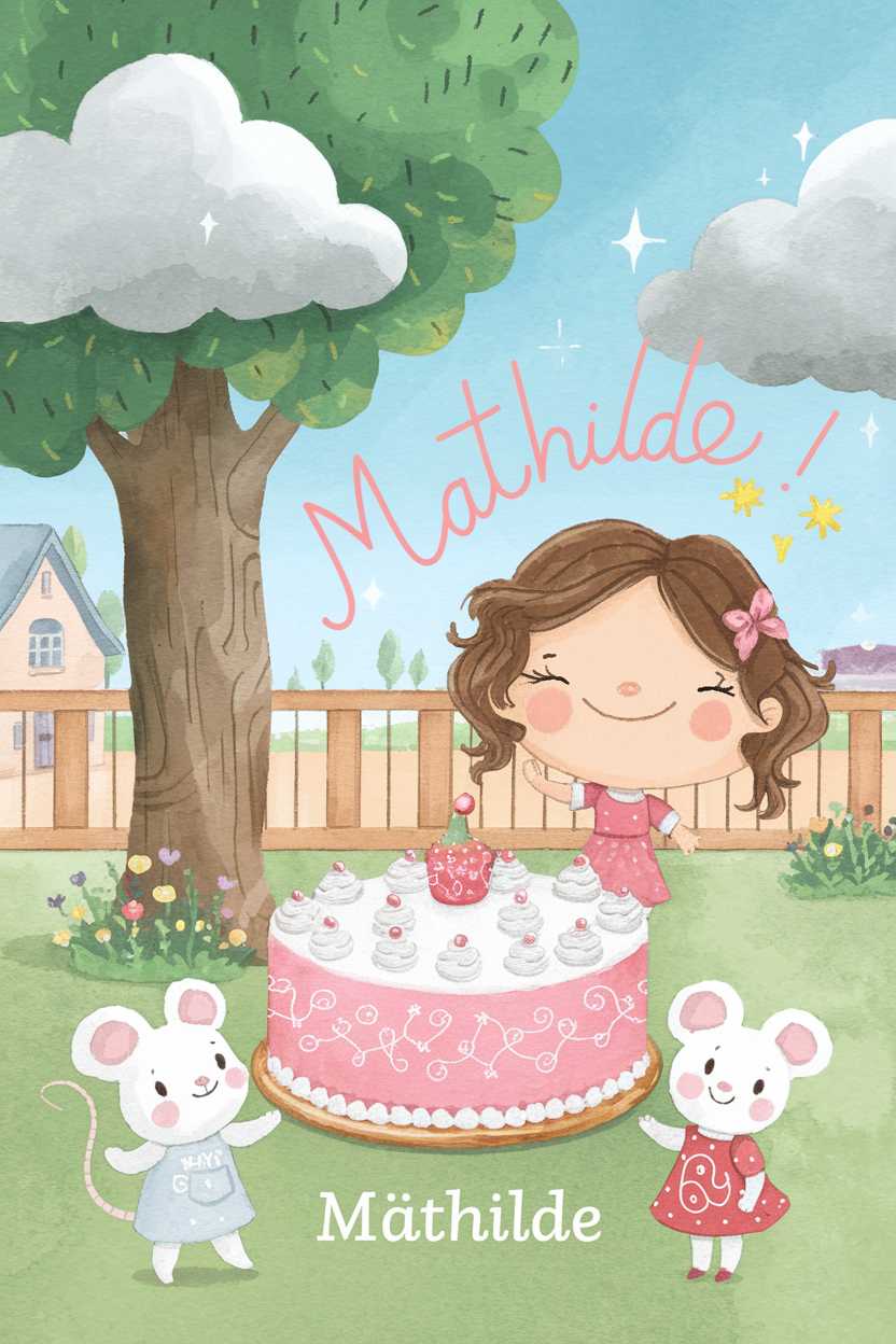 The cover is visually appealing, colorful, and cheerful. The characters are adorable, friendly, and engaging. The organization of the image is well-balanced, making it easy for a child to focus on key elements. The name 'Mathilde' appears prominently and is presented in an engaging, whimsical font. There are minor inconsistencies, such as slightly muted cloud tones that could be perceived as gloomy, but they do not significantly detract from the overall charm.
