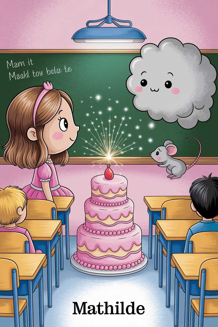 The cover is visually appealing, colorful, and cheerful, making it suitable for a children's book. The characters are cute and engaging, avoiding any scary or sad elements. The layout is well-organized, with a clear magical and friendly theme. The title 'Mathilde' is prominently displayed. However, there is some text on the chalkboard that appears incoherent, which slightly affects the consistency. Overall, the design is excellent and well-suited for a child.