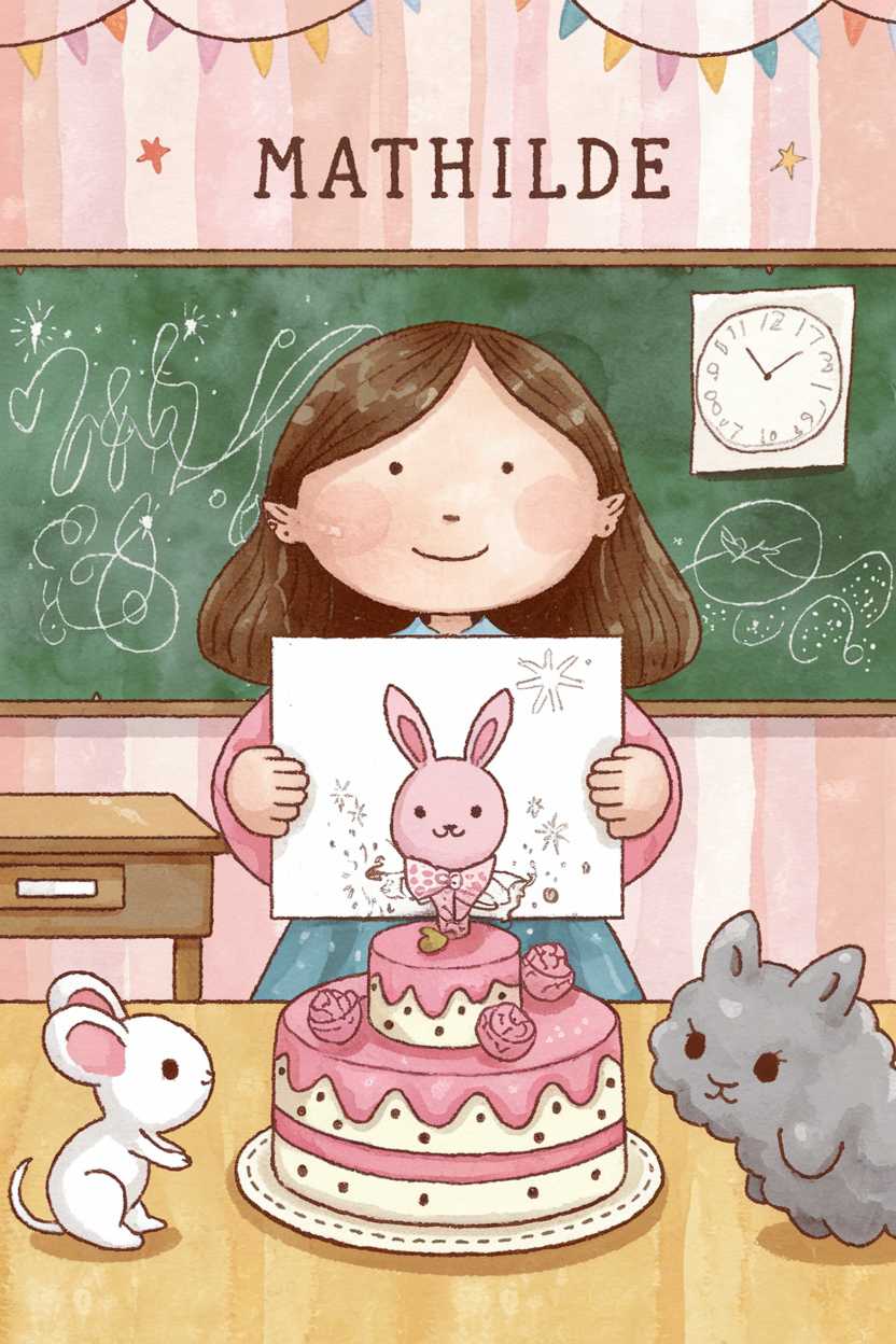 The cover is visually appealing, colorful, and cheerful, featuring soft pastel tones that are engaging for a child. The characters are adorable with friendly expressions, and the scene is well-organized. The title, 'Mathilde', is clearly visible and fits the format for a children's book.
